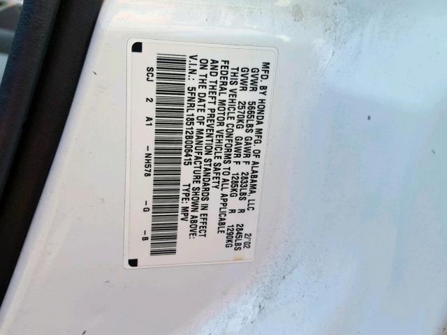 5FNRL18512B006415 - 2002 HONDA ODYSSEY LX WHITE photo 10