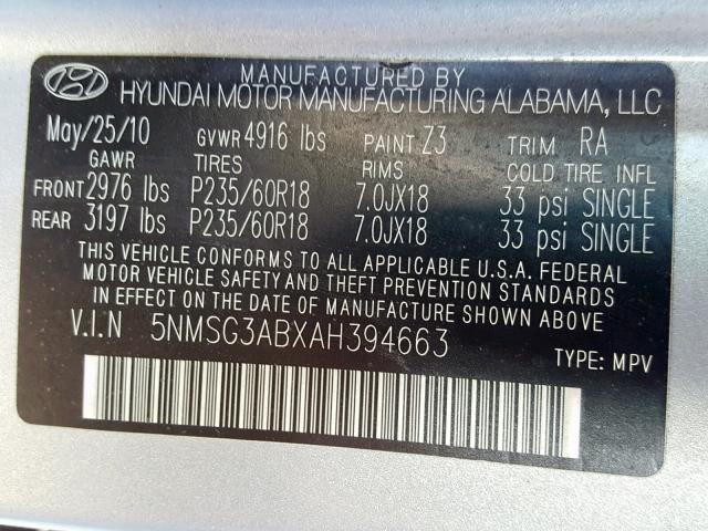 5NMSG3ABXAH394663 - 2010 HYUNDAI SANTA FE G BLUE photo 10