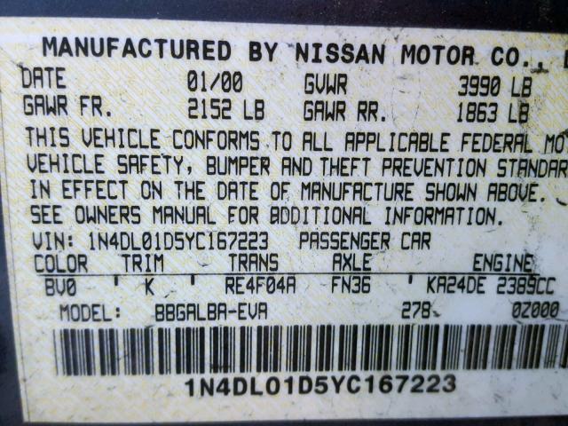 1N4DL01D5YC167223 - 2000 NISSAN ALTIMA XE BLUE photo 10