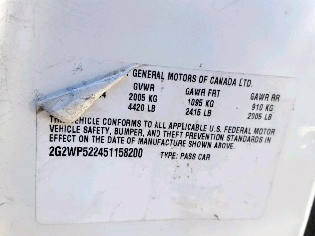 2G2WP522451158200 - 2005 PONTIAC GRAND PRIX WHITE photo 10