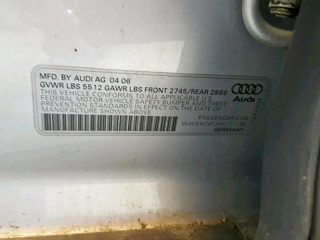 WAUKH74F36N177188 - 2006 AUDI A6 AVANT Q SILVER photo 10