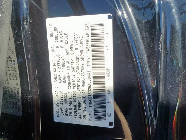 1HGCS1B32BA000441 - 2011 HONDA ACCORD LX- BLACK photo 10