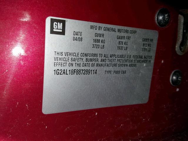 1G2AL18F887289114 - 2008 PONTIAC G5 RED photo 10