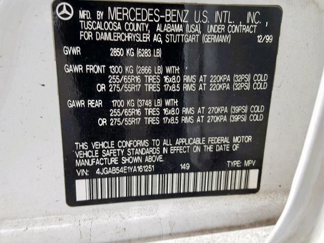 4JGAB54E1YA161251 - 2000 MERCEDES-BENZ ML 320 WHITE photo 10