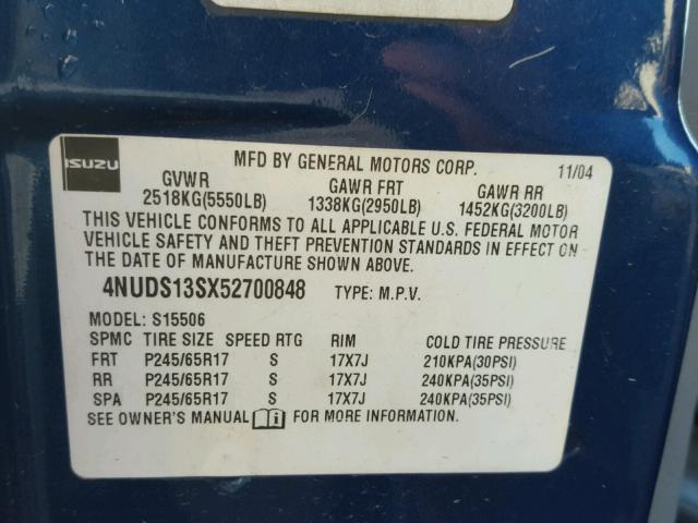 4NUDS13SX52700848 - 2005 ISUZU ASCENDER S BLUE photo 10