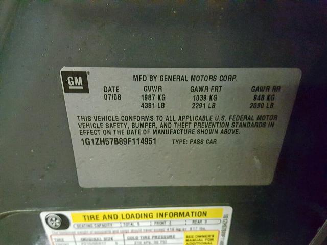 1G1ZH57B89F114951 - 2009 CHEVROLET MALIBU 1LT 灰色 照片 10