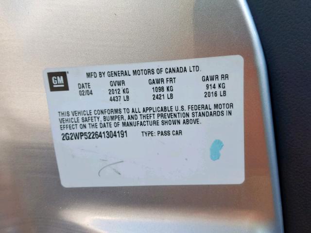 2G2WP522641304191 - 2004 PONTIAC GRAND PRIX SILVER photo 10