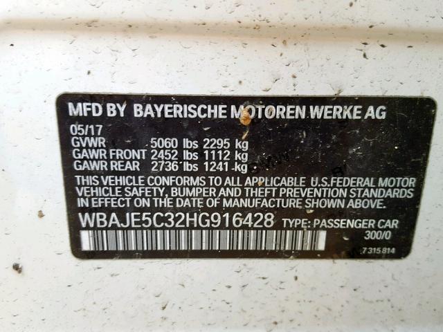 WBAJE5C32HG916428 - 2017 BMW 540 I WHITE photo 10