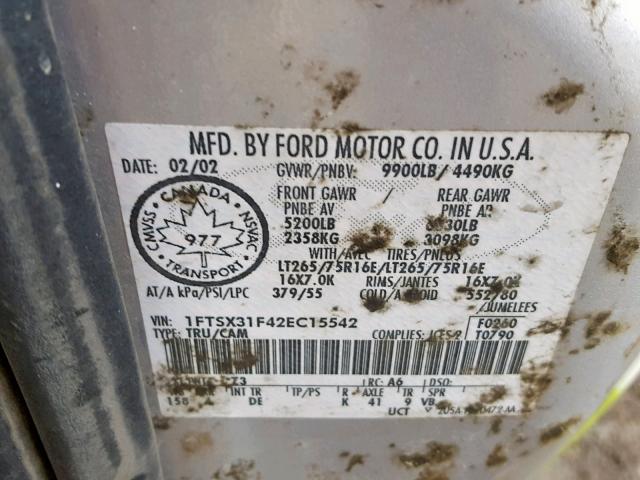 1FTSX31F42EC15542 - 2002 FORD F350 SRW S SILVER photo 10