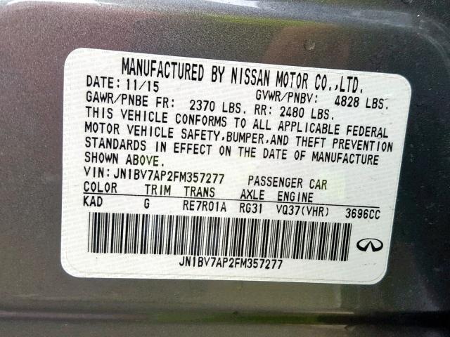 JN1BV7AP2FM357277 - 2015 INFINITI Q50 BASE GRAY photo 10