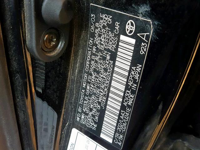 JTDBE32K330233224 - 2003 TOYOTA CAMRY LE BLACK photo 10