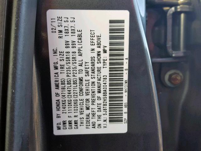 5J8TB2H58BA004783 - 2011 ACURA RDX TECHNO CHARCOAL photo 10