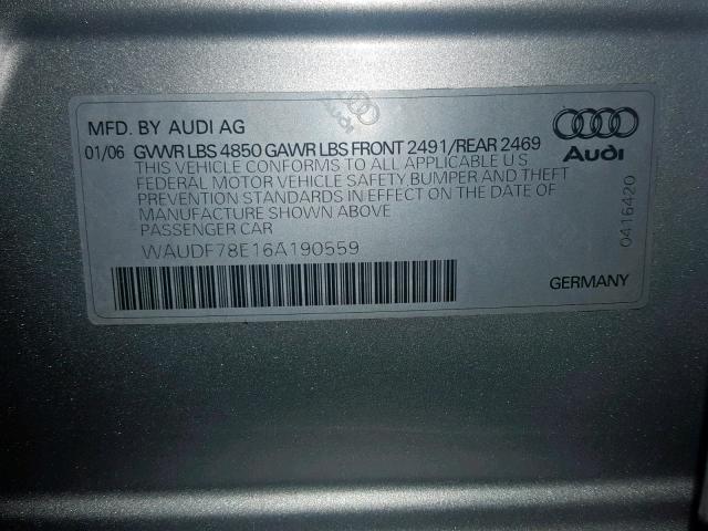 WAUDF78E16A190559 - 2006 AUDI A4 2.0T QU SILVER photo 10