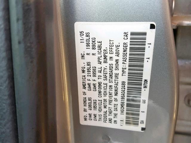 1HGCM56196A042489 - 2006 HONDA ACCORD VAL SILVER photo 10