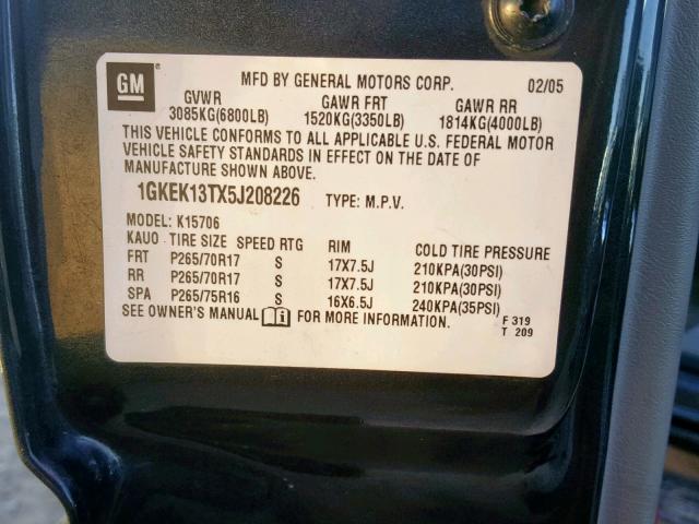 1GKEK13TX5J208226 - 2005 GMC YUKON CHARCOAL photo 10