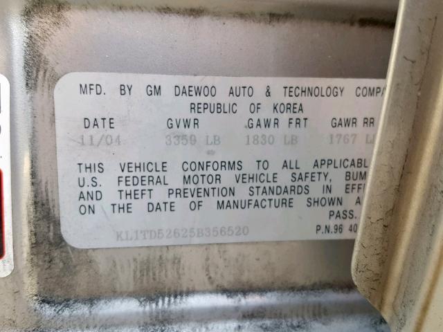 KL1TD52625B356520 - 2005 CHEVROLET AVEO BASE Gümüş foto 10