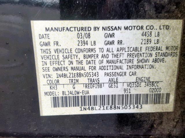 1N4BL21E88N505343 - 2008 NISSAN ALTIMA 3.5 BLACK photo 10