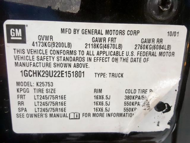 1GCHK29U22E151801 - 2002 CHEVROLET SILVERADO K2500 HEAVY DUTY  photo 10