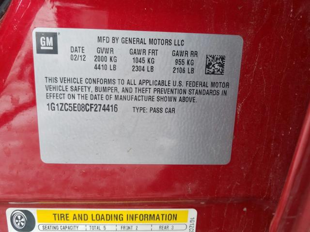 1G1ZC5E08CF274416 - 2012 CHEVROLET MALIBU 1LT  照片 10