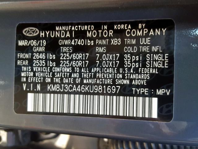 KM8J3CA46KU981697 - 2019 HYUNDAI TUCSON LIMITED  photo 10