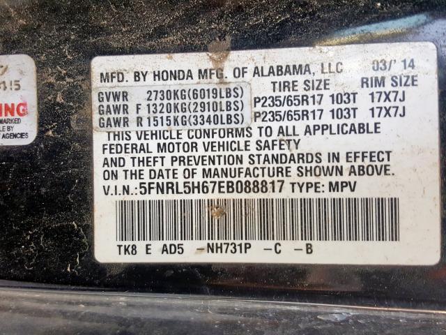 5FNRL5H67EB088817 - 2014 HONDA ODYSSEY EXL  photo 10