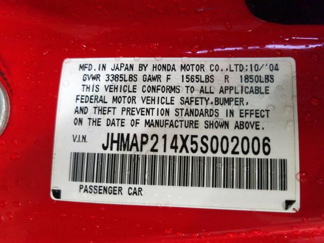 JHMAP214X5S002006 - 2005 HONDA S2000  photo 10