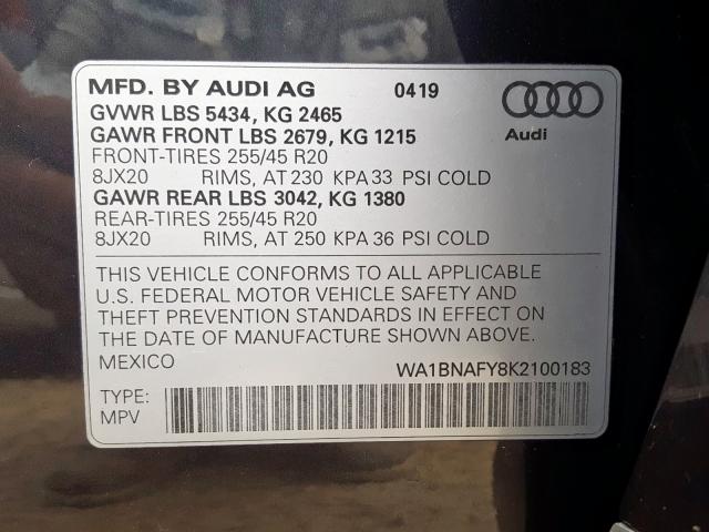 WA1BNAFY8K2100183 - 2019 AUDI Q5 PREMIUM PLUS  photo 10