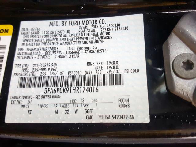 3FA6P0K91HR174016 - 2017 FORD FUSION TITANIUM  photo 10