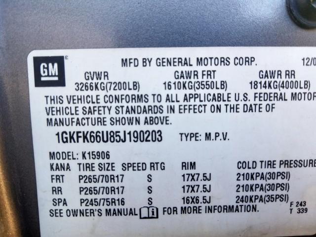 1GKFK66U85J190203 - 2005 GMC YUKON XL DENALI  photo 10