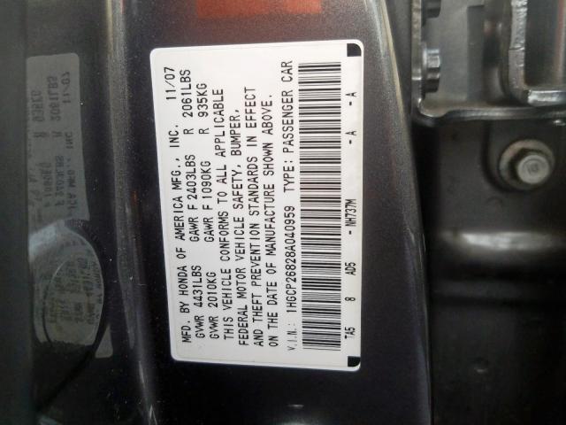 1HGCP26828A040959 - 2008 HONDA ACCORD EXL  photo 10