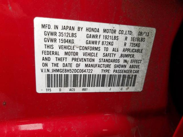 JHMGE8H52DC064722 - 2013 HONDA FIT SPORT  photo 10