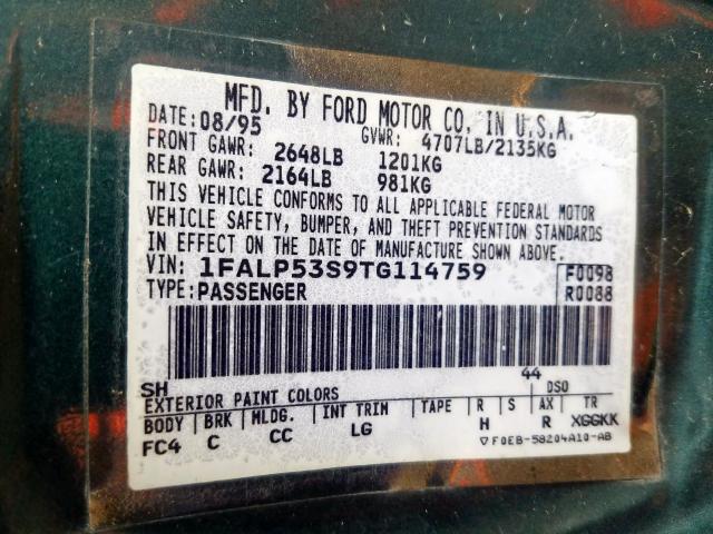 1FALP53S9TG114759 - 1996 FORD TAURUS LX  photo 10