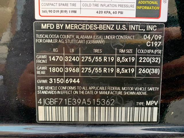 4JGBF71E39A515362 - 2009 MERCEDES-BENZ GL 450 4MATIC  photo 9