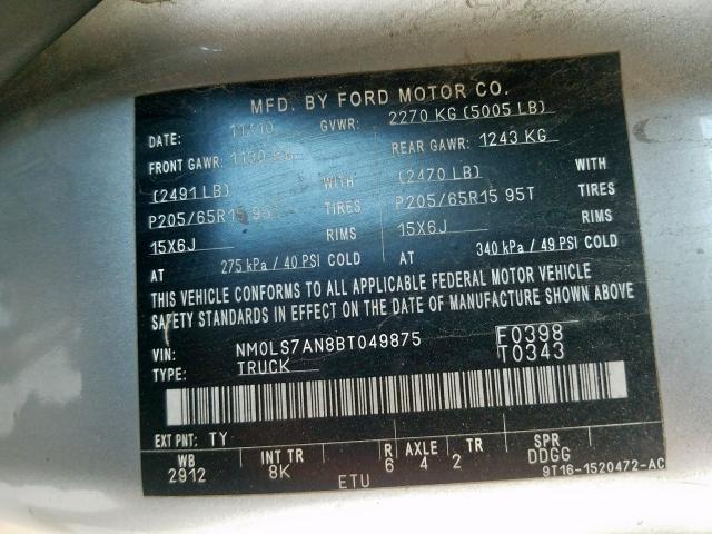 NM0LS7AN8BT049875 - 2011 FORD TRANSIT CONNECT XL  photo 10