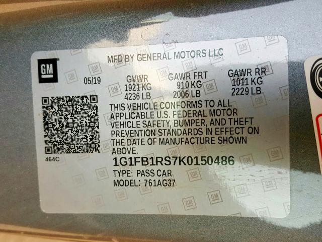 1G1FB1RS7K0150486 - 2019 CHEVROLET CAMARO LS  photo 10