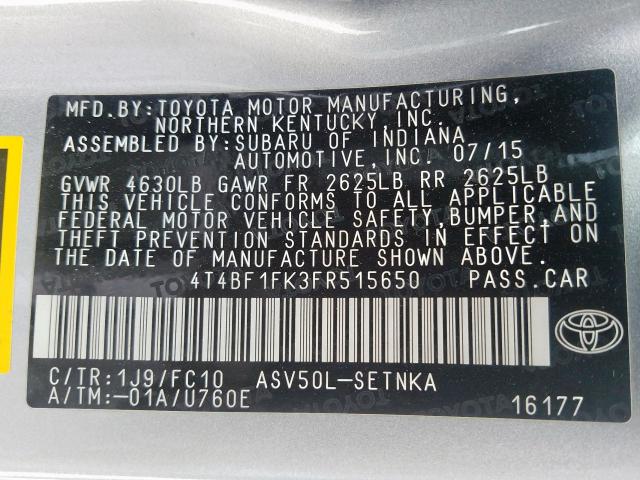 4T4BF1FK3FR515650 - 2015 TOYOTA CAMRY LE  photo 10