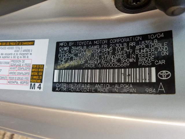 JTKDE167650025689 - 2005 TOYOTA SCION TC  ფოტო 10