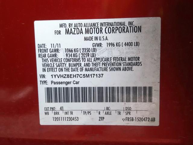 1YVHZ8EH7C5M17137 - 2012 MAZDA 6 I  photo 10