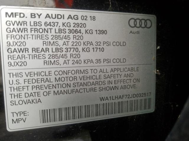 WA1LHAF72JD032517 - 2018 AUDI Q7 PREMIUM PLUS  photo 10