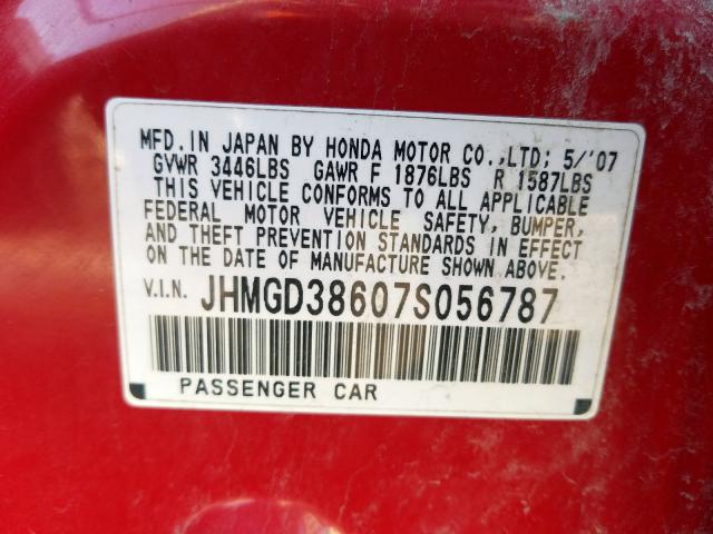 JHMGD38607S056787 - 2007 HONDA FIT S  photo 10