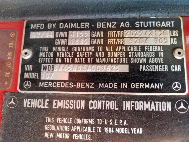 WDBBA45A8EA009625 - 1984 MERCEDES-BENZ 380 SL  photo 10