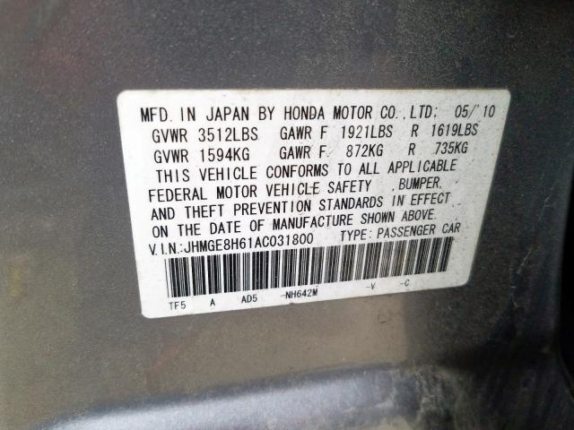 JHMGE8H61AC031800 - 2010 HONDA FIT SPORT  photo 10