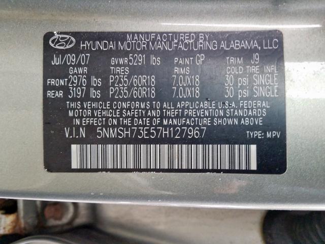 5NMSH73E57H127967 - 2007 HYUNDAI SANTA FE SE  photo 10