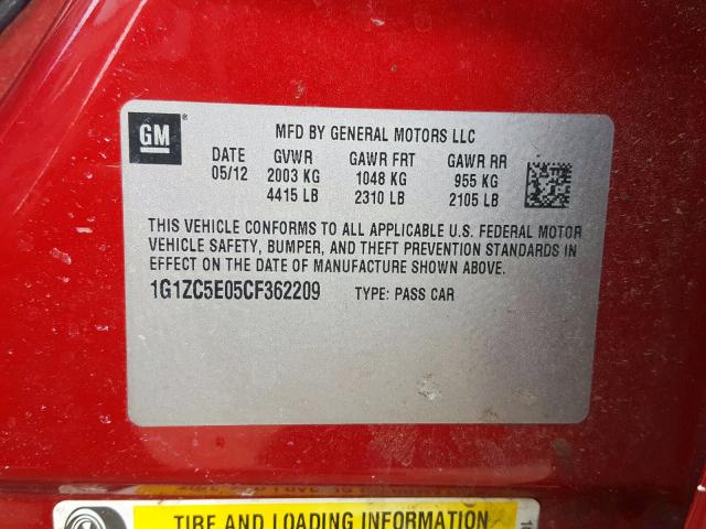 1G1ZC5E05CF362209 - 2012 CHEVROLET MALIBU 1LT  照片 10