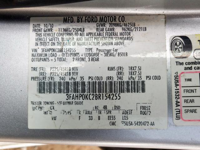 3FAHP0KC2BR154255 - 2011 FORD FUSION SPORT  photo 10