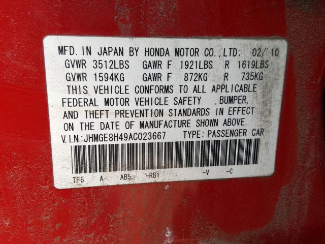 JHMGE8H49AC023667 - 2010 HONDA FIT SPORT  photo 10