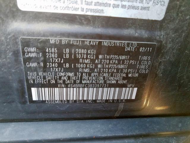 4S4BRBFC3B3397731 - 2011 SUBARU OUTBACK 2.5I PREMIUM  photo 10