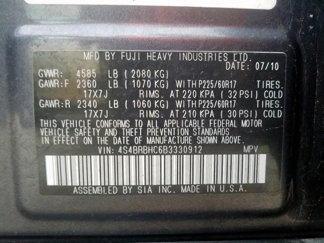 4S4BRBHC6B3330912 - 2011 SUBARU OUTBACK 2.5I PREMIUM  photo 10