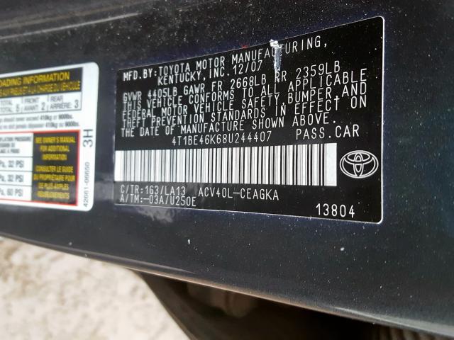 4T1BE46K68U244407 - 2008 TOYOTA CAMRY CE  photo 10