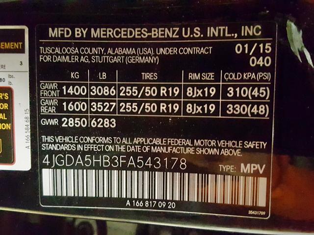 4JGDA5HB3FA543178 - 2015 MERCEDES-BENZ ML 350 4MATIC  photo 10